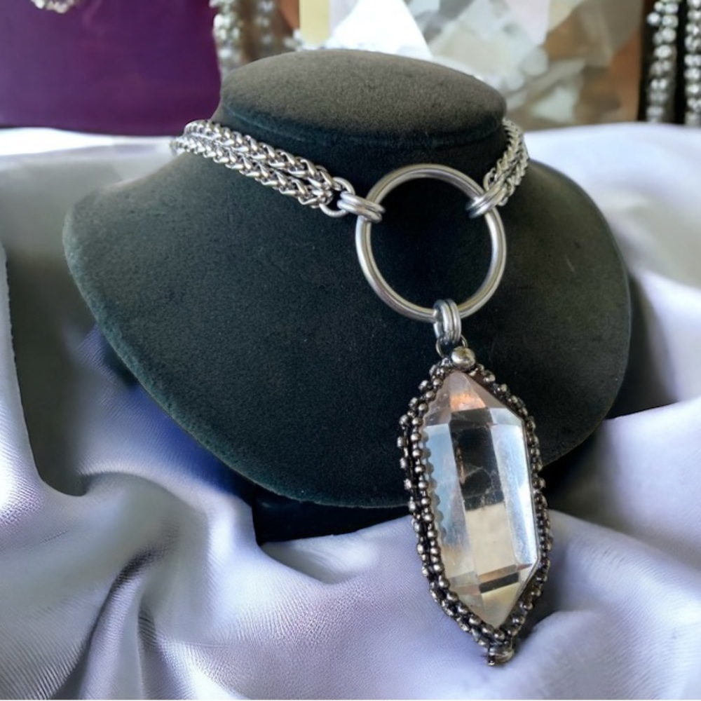 Double chain big Natural Crystal quartz black electroplated boho goth necklace